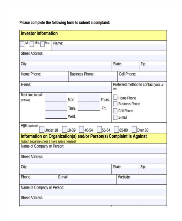 investor complaint form example