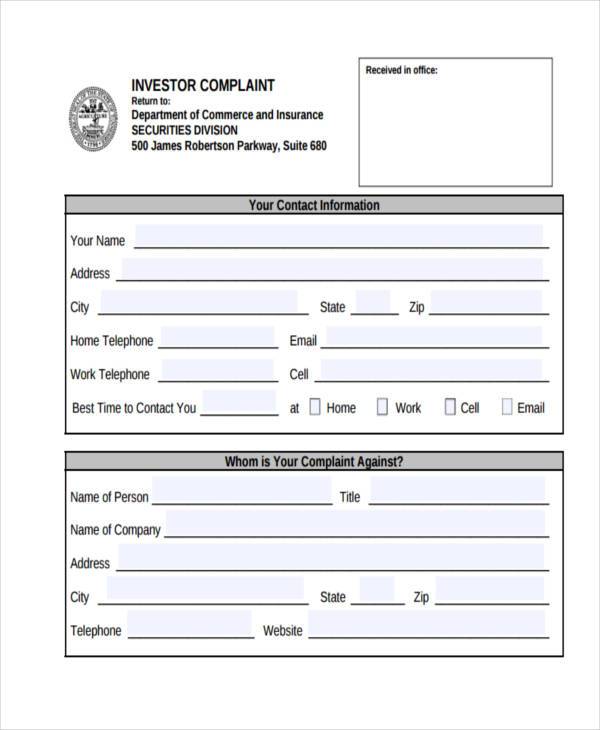 investor complaint sample form