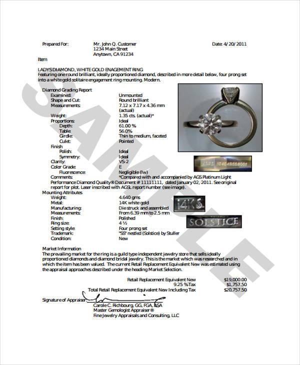 Free 7 Jewelry Appraisal Form Samples In Pdf Ms Word 9596