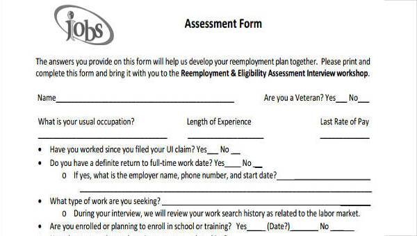 job assessment form samples