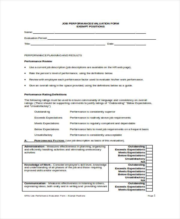 job employee performance evaluation form