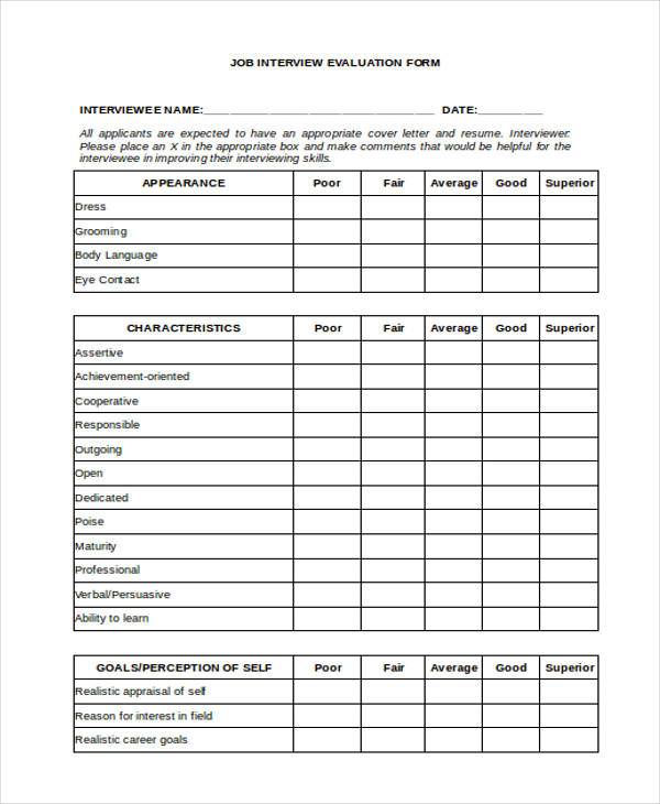 job interview evaluation form sample
