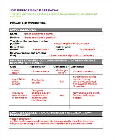 job performance appraisal form doc