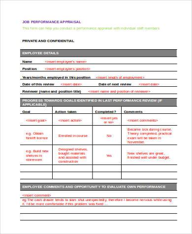 job performance appraisal form
