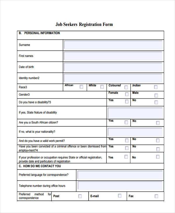 job seeker registration form sample