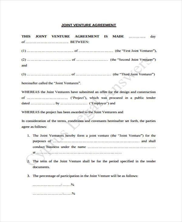 joint venture agreement form example