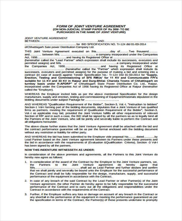 joint venture agreement form in pdf