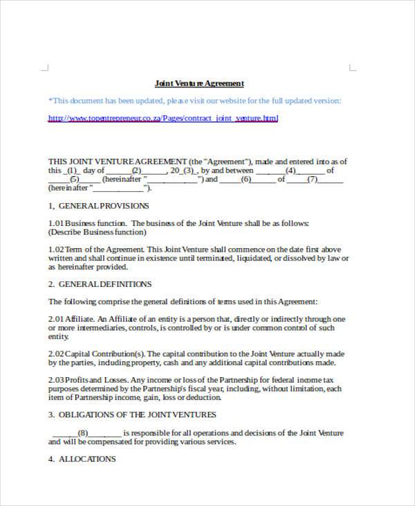 joint venture agreement form in word format