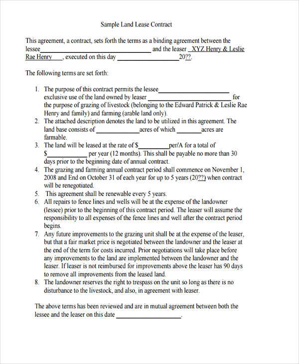 land lease contract agreement form