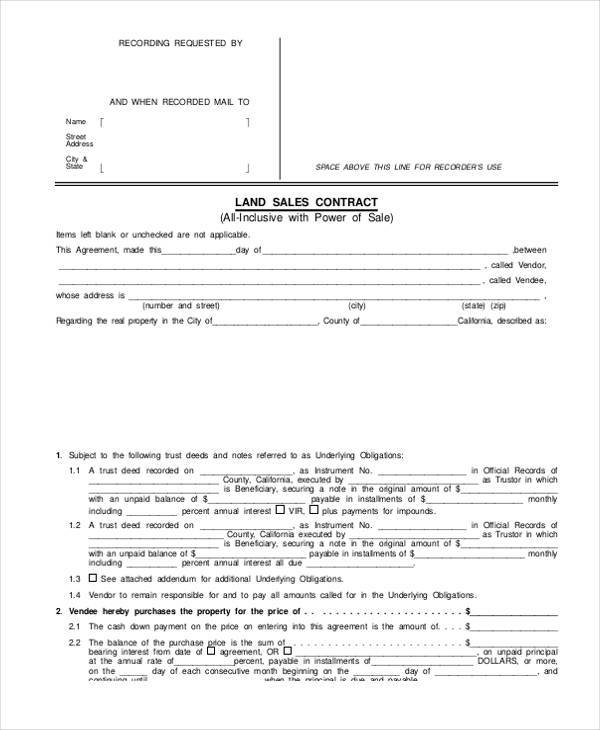 land sale contract form sample
