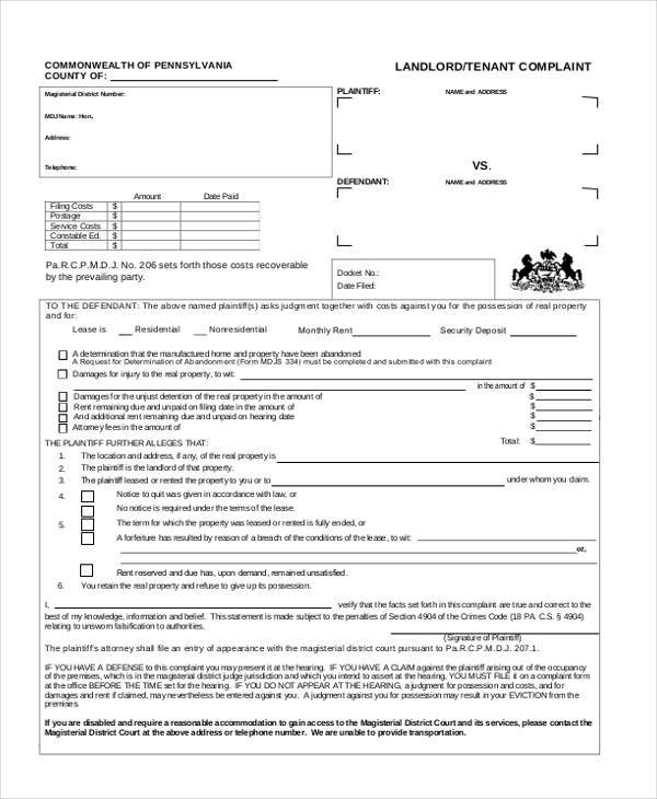 landlord complaint form example1