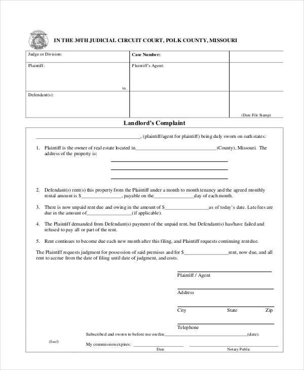 landlord complaint form format
