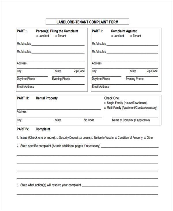 FREE 7+ Sample Landlord Complaint Forms in PDF MS Word