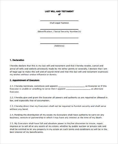 last will and testament sample form