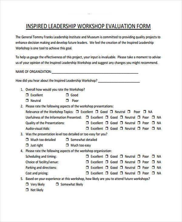 leadership workshop evaluation form sample