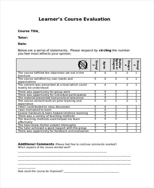learners course evaluation form