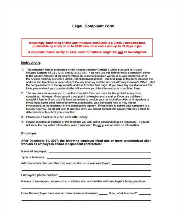legal complaint form example