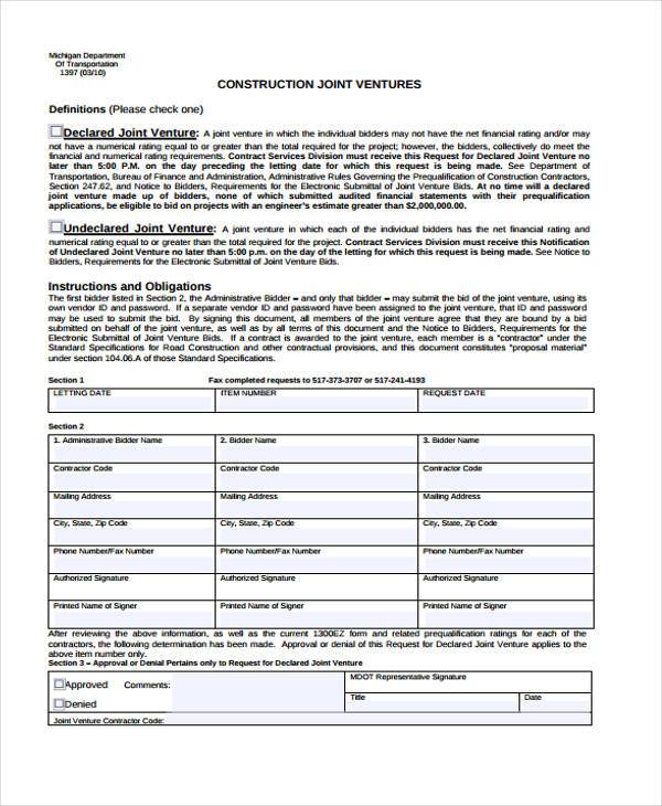 legal joint venture agreement form example