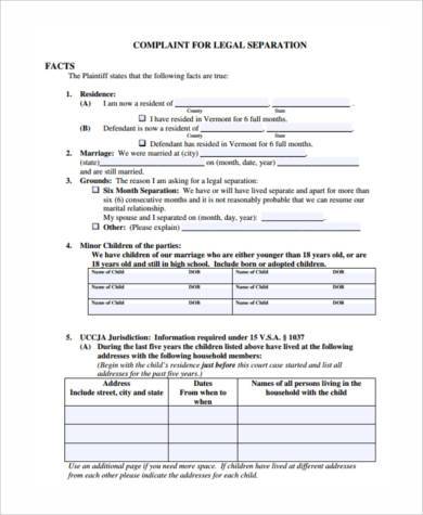 legal marriage separation agreement form