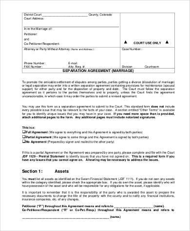 legal separation agreement form