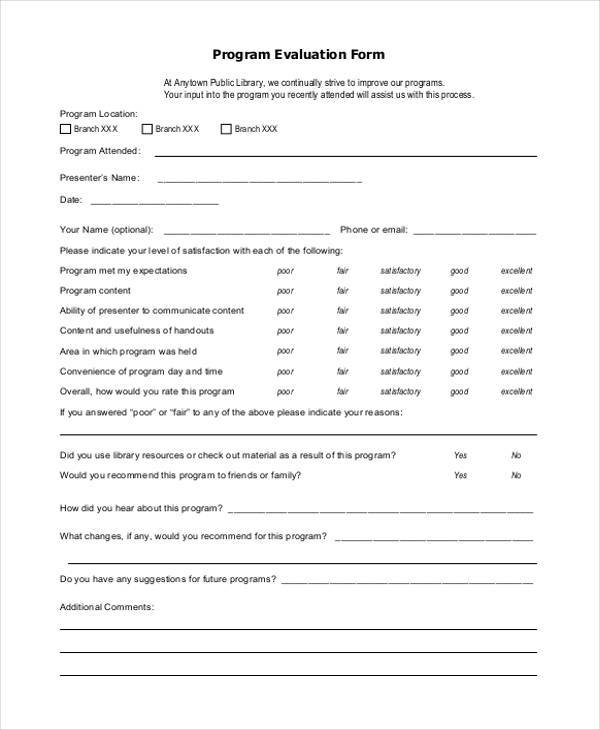 Free Sample Program Evaluation Forms