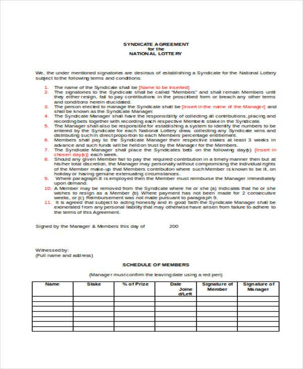 FREE 8  Lottery Syndicate Agreement Forms in PDF MS Word