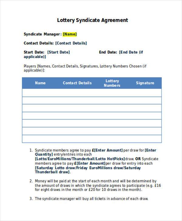 lottery syndicate agreement form in word