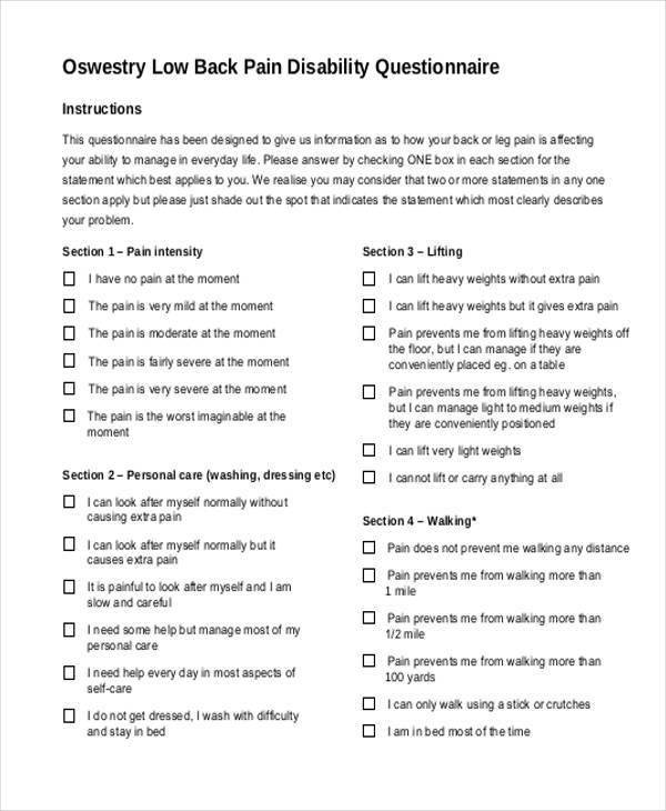 low back disability questionnaire form