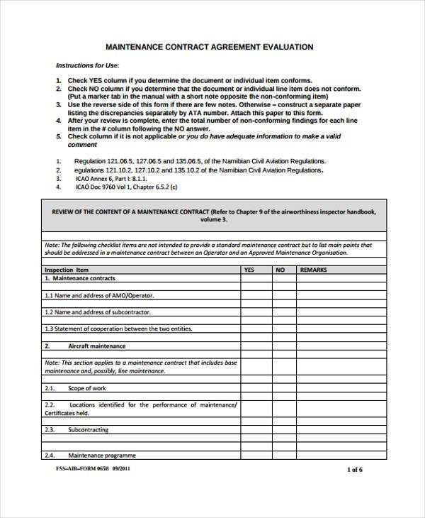 maintenance contract evaluation form
