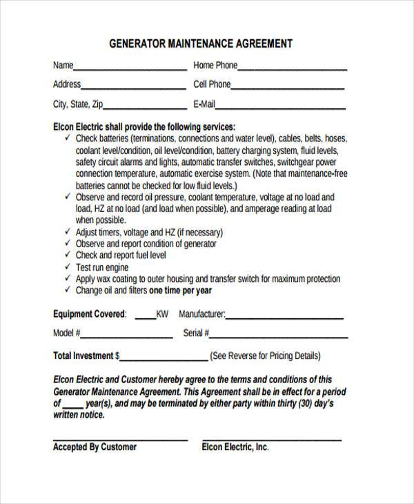 maintenance contract form example