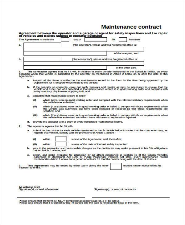 maintenance contract format