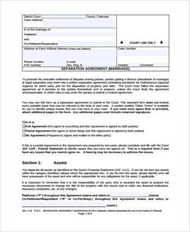 marriage separation agreement form