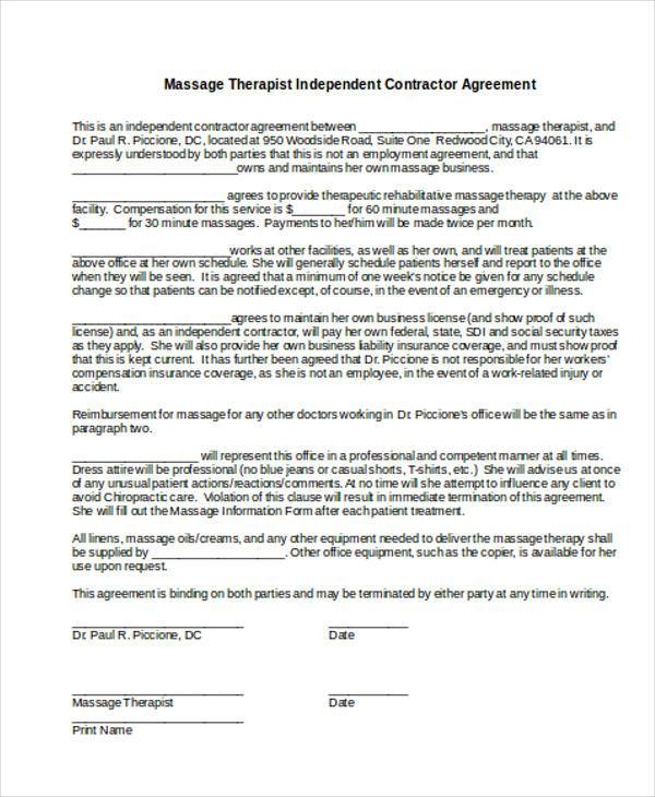 massage therapist independent contractor agreement form