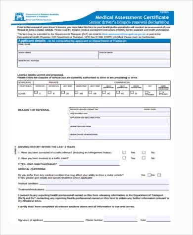 medical assessment certificate form