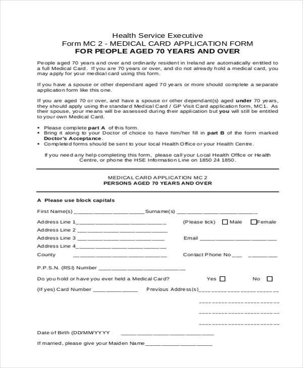 medical card application form sample