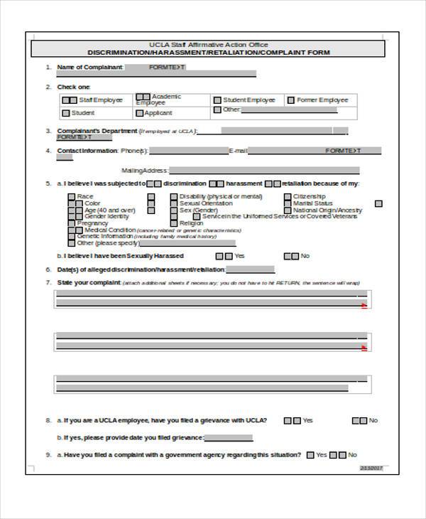 medical complaint form in word
