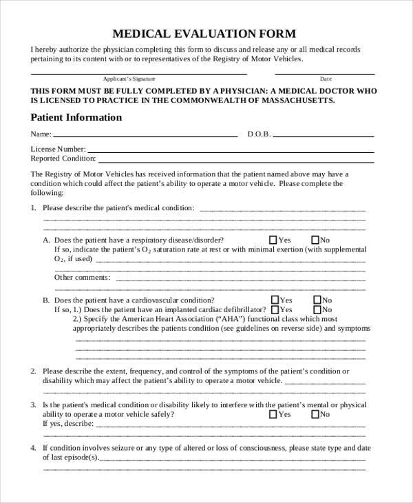 medical evaluation form example