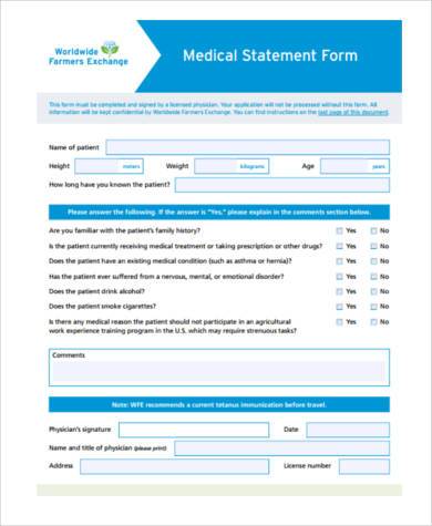 medical statement application form