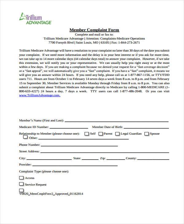 medicare member complaint form