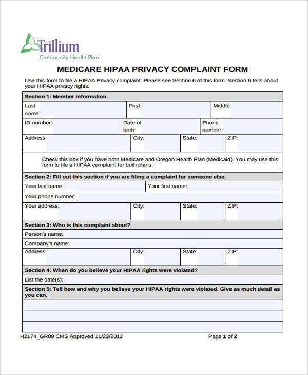 medicare privacy complaint form sample