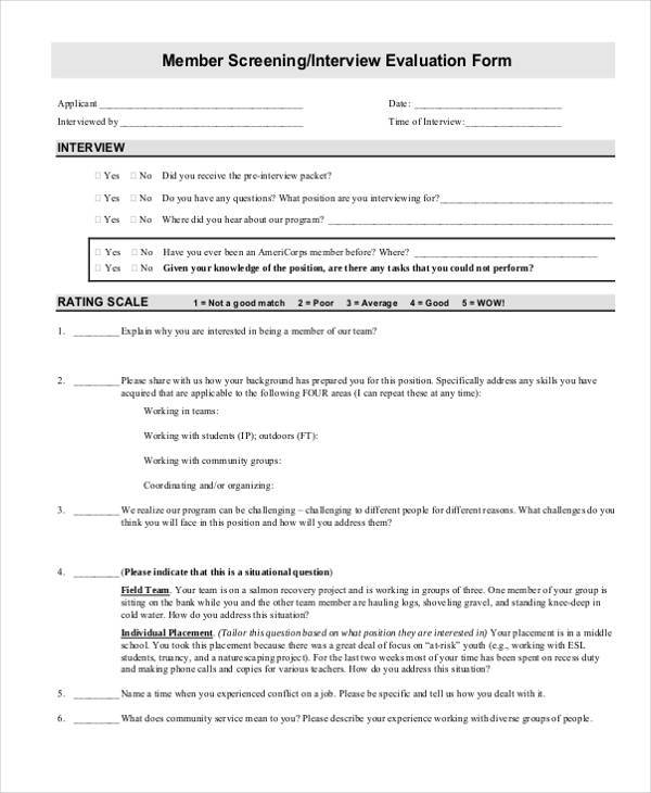 member screening interview evaluation form