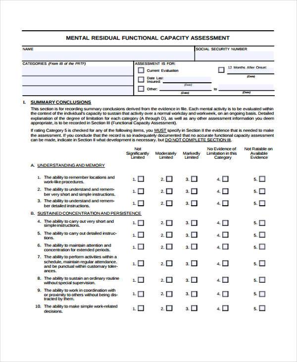 mental functional capacity evaluation form