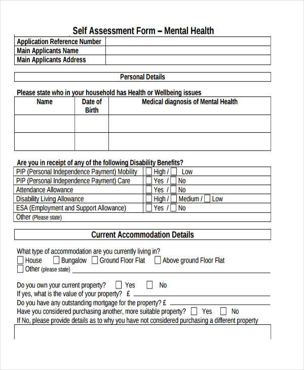 mental health self assessment form