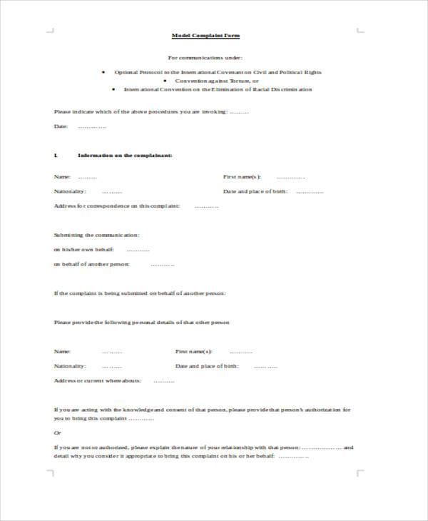 model complaint form in doc1