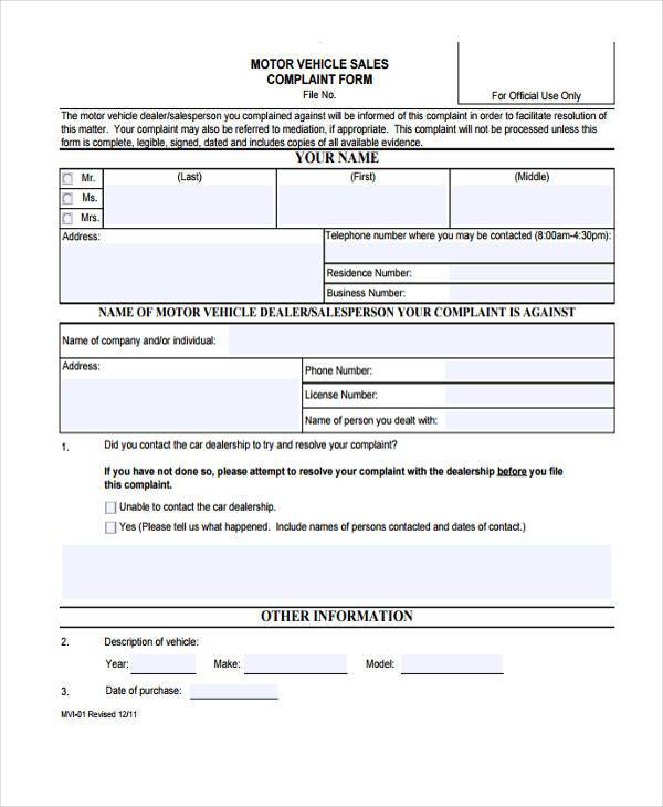 model vehicle complaint form sample