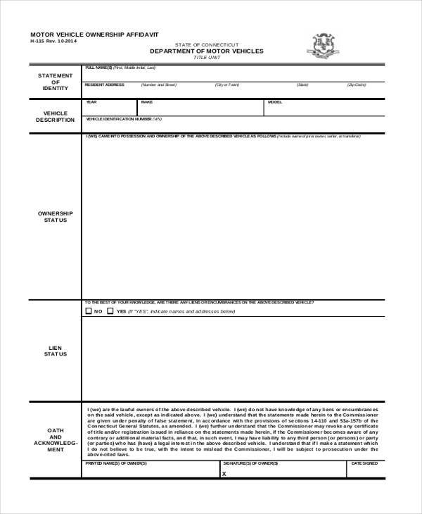 motor vehicle ownership affidavit form