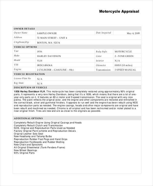 motorcycle appraisal form pdf