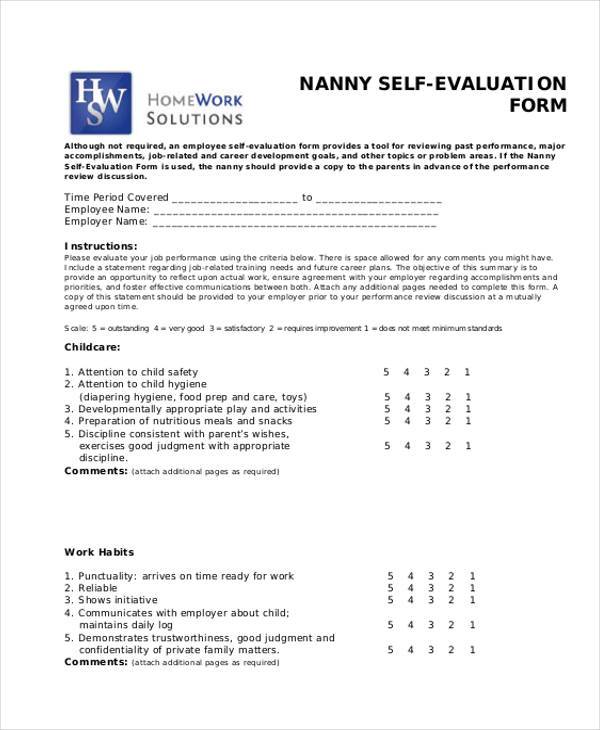 nanny self evaluation form