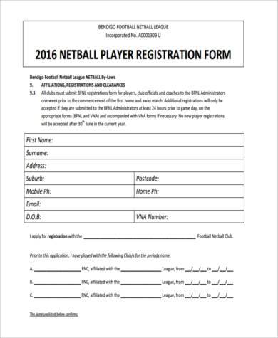 netball team registration form