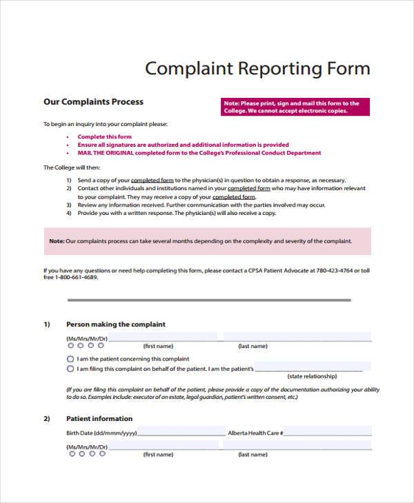 new complaint reporting form samples